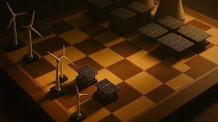 Photorealistic chessboard metaphor for energy sovereignty and AI infrastructure competition, with UK wind turbines and solar panels facing larger nuclear power plants and solar arrays, bathed in warm golden light with tangled cables in the background. (Image generated by ChatGPT 5)