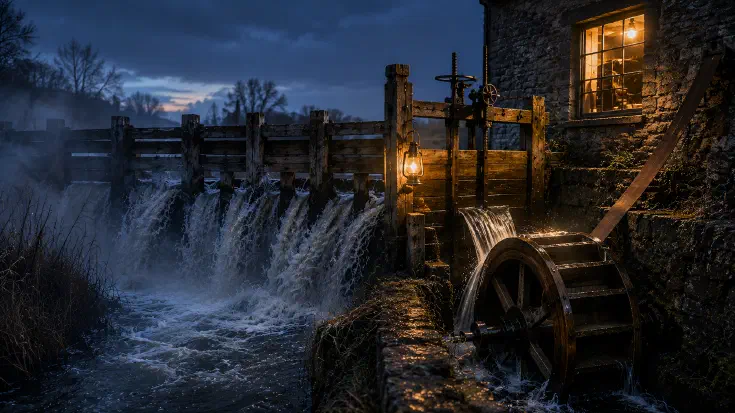 A Victorian mill race at dusk seen from the bank, where a broad channel of water pours over a timber weir and is lost in spray and mist lit cold blue among the reeds, while on the right a single well-fitted sluice gate, warm in the light of a lantern hung beside it, directs a narrow measured stream onto the blades of a wooden waterwheel that turns steadily below the lit window of a stone mill workshop, a visual reframe of the Redeployment Dividend, where capacity released by machines is either governed into productive work or drains silently away (Image generated by ChatGPT 5.6)