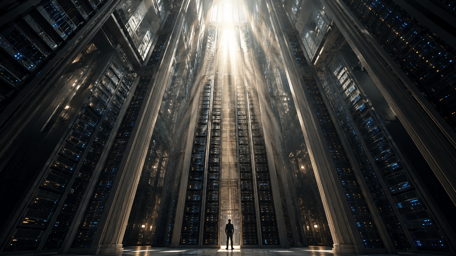 A solitary figure stands at the threshold of a vast, cathedral-scale data centre, dwarfed by towering server columns rising into a column of light at the apex — a visual reframe of the headroom that architectural efficiency creates rather than the brake some readers expect