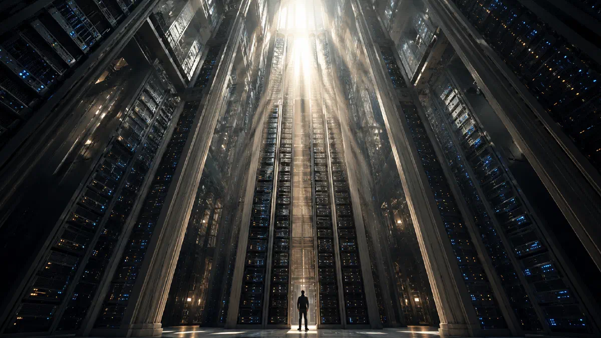 A solitary figure stands at the threshold of a vast, cathedral-scale data centre, dwarfed by towering server columns rising into a column of light at the apex — a visual reframe of the headroom that architectural efficiency creates rather than the brake some readers expect (Image generated by ChatGPT 5.4)