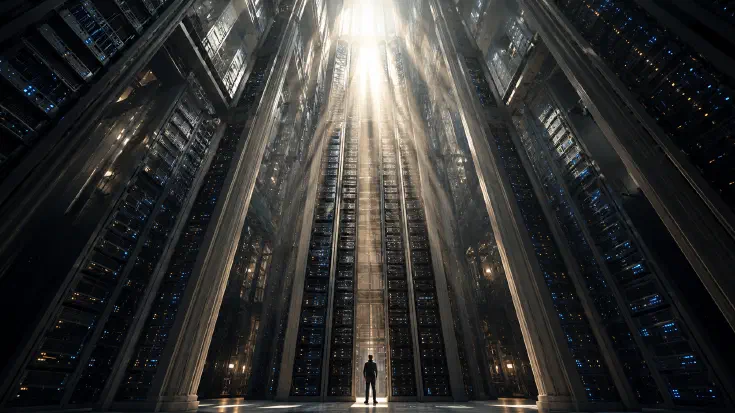 A solitary figure stands at the threshold of a vast, cathedral-scale data centre, dwarfed by towering server columns rising into a column of light at the apex — a visual reframe of the headroom that architectural efficiency creates rather than the brake some readers expect (Image generated by ChatGPT 5.4)