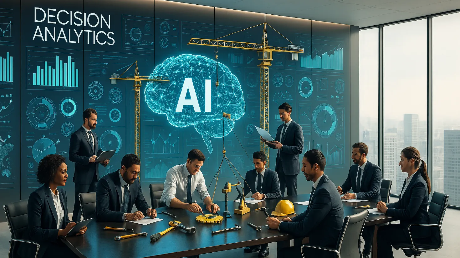 A diverse business team collaboratively building an AI decision analytics engine in a modern boardroom