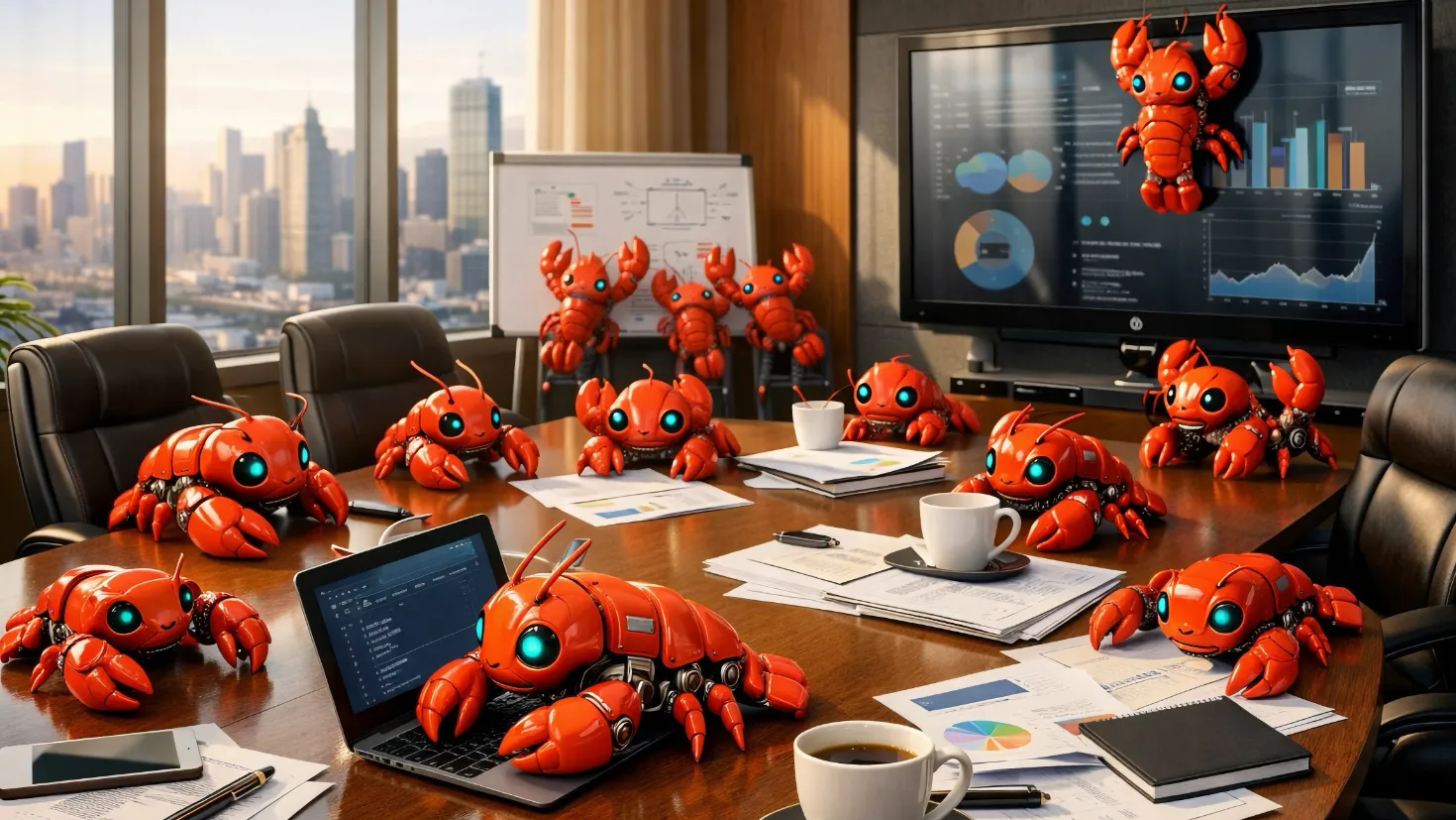 A corporate boardroom table overrun with small, friendly red robotic lobsters with glowing blue eyes, perched on laptops, documents, and coffee cups, with a city skyline visible through floor-to-ceiling windows and business charts displayed on a presentation screen