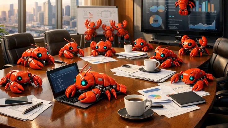 A corporate boardroom table overrun with small, friendly red robotic lobsters with glowing blue eyes, perched on laptops, documents, and coffee cups, with a city skyline visible through floor-to-ceiling windows and business charts displayed on a presentation screen (Image generated by ChatGPT 5.2)