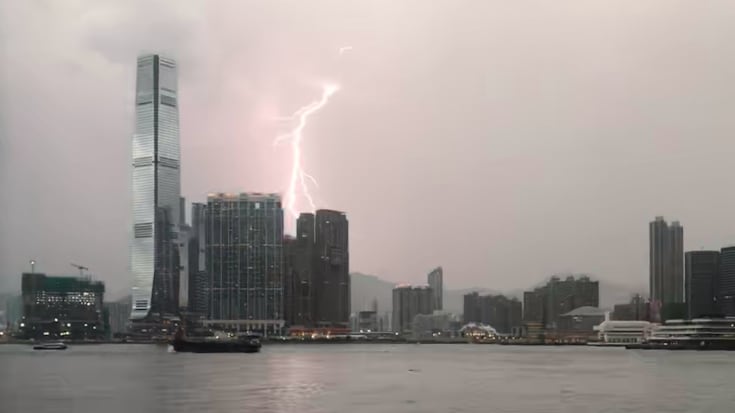 Lightening striking a building in Hong Kong