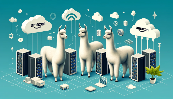 Playful image featuring three llamas in a tech-savvy environment, surrounded by servers, cloud icons, and digital devices, highlighting the integration of technology with a playful twist. (Image generated by ChatCPG 4o)