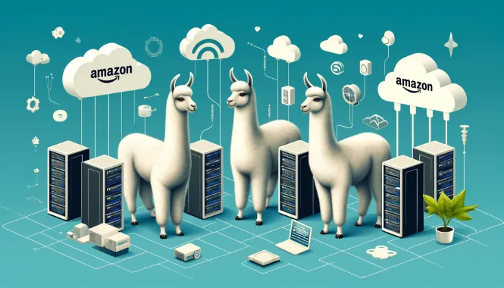 Playful image featuring three llamas in a tech-savvy environment, surrounded by servers, cloud icons, and digital devices, highlighting the integration of technology with a playful twist. (Image generated by ChatCPG 4o)