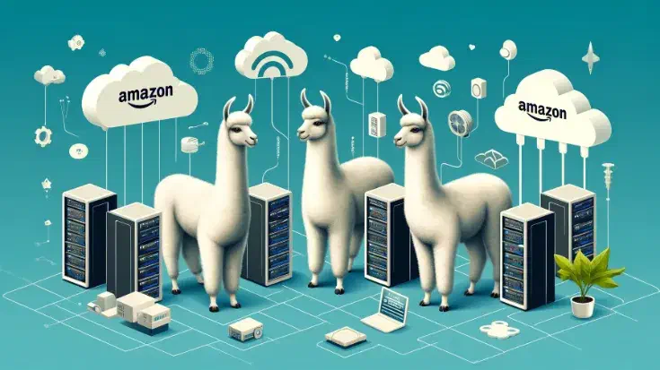 Playful image featuring three llamas in a tech-savvy environment, surrounded by servers, cloud icons, and digital devices, highlighting the integration of technology with a playful twist. (Image generated by ChatCPG 4o)