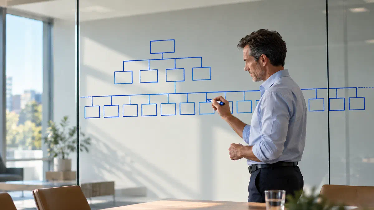 A manager drawing an organisation chart in electric blue marker on the glass wall of a daylit meeting room, a neat row of boxes for the team sitting above a second, longer row of lines running to boxes that no longer fit on the glass, embodying the argument that the manager's span now includes agents nobody counted, and that the AI business case becomes real or fails in that one job. (Image generated by ChatGPT 5)