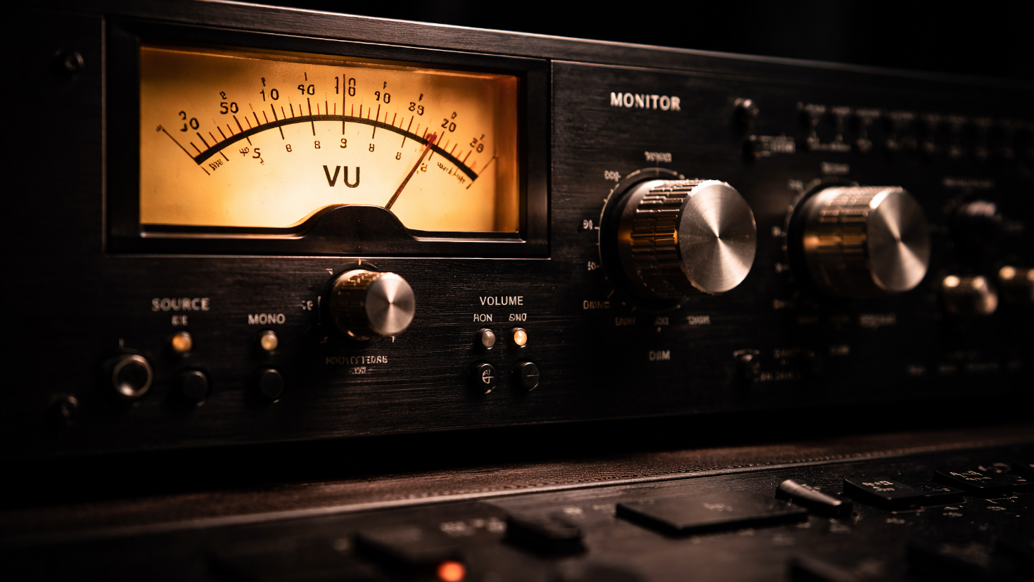 A close-up photograph of a professional audio mastering console, showing a warmly lit analogue VU meter on the left with its amber-glowing face, flanked by precision control knobs and monitoring switches on a dark panel — a metaphor for the four indicator types that give Boards maximum fidelity on the decisions in front of them.