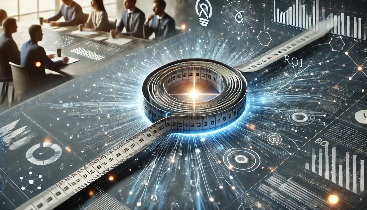 A measuring tape on top of an AI model symbolizing measuring AI's ROI