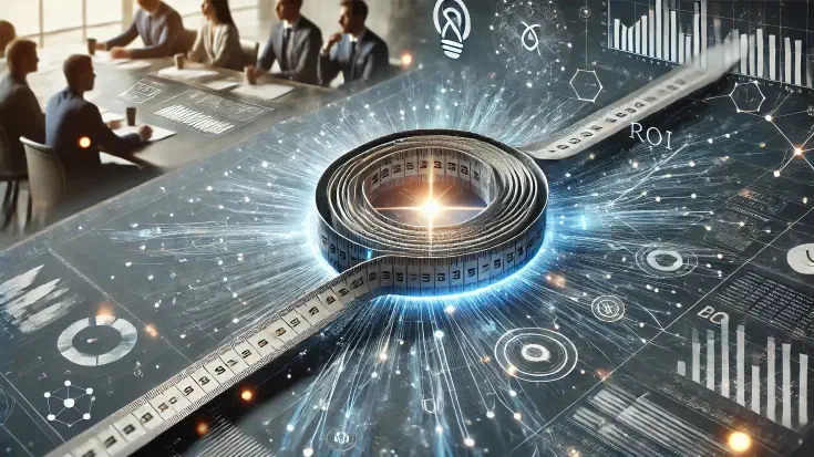 A measuring tape sits on top of an AI model to symbolize the concept of measuring AI's ROI, while a Board meets to review the data (Image generated by ChatGPT 4)