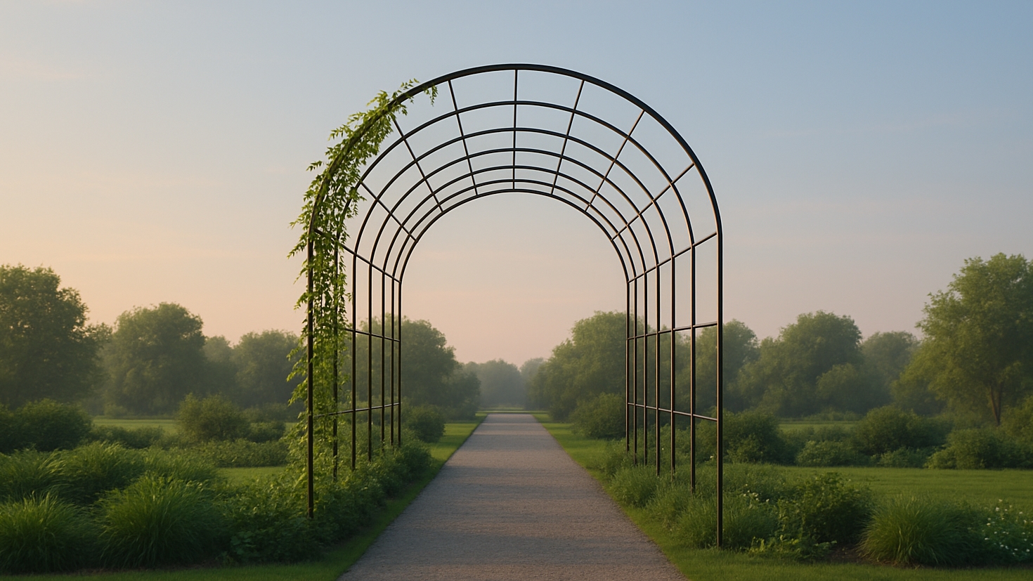 A lightweight metal arbour frames an open pathway through a landscaped garden at dawn, representing governance as structure that guides and supports growth rather than constrains it (Image generated by ChatGPT 5)