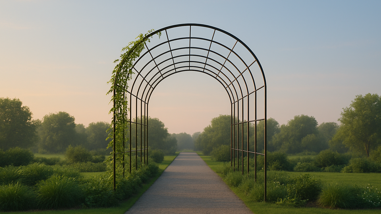 A lightweight metal arbour frames an open pathway through a landscaped garden at dawn, representing governance as structure that guides and supports growth rather than constrains it (Image generated by ChatGPT 5)