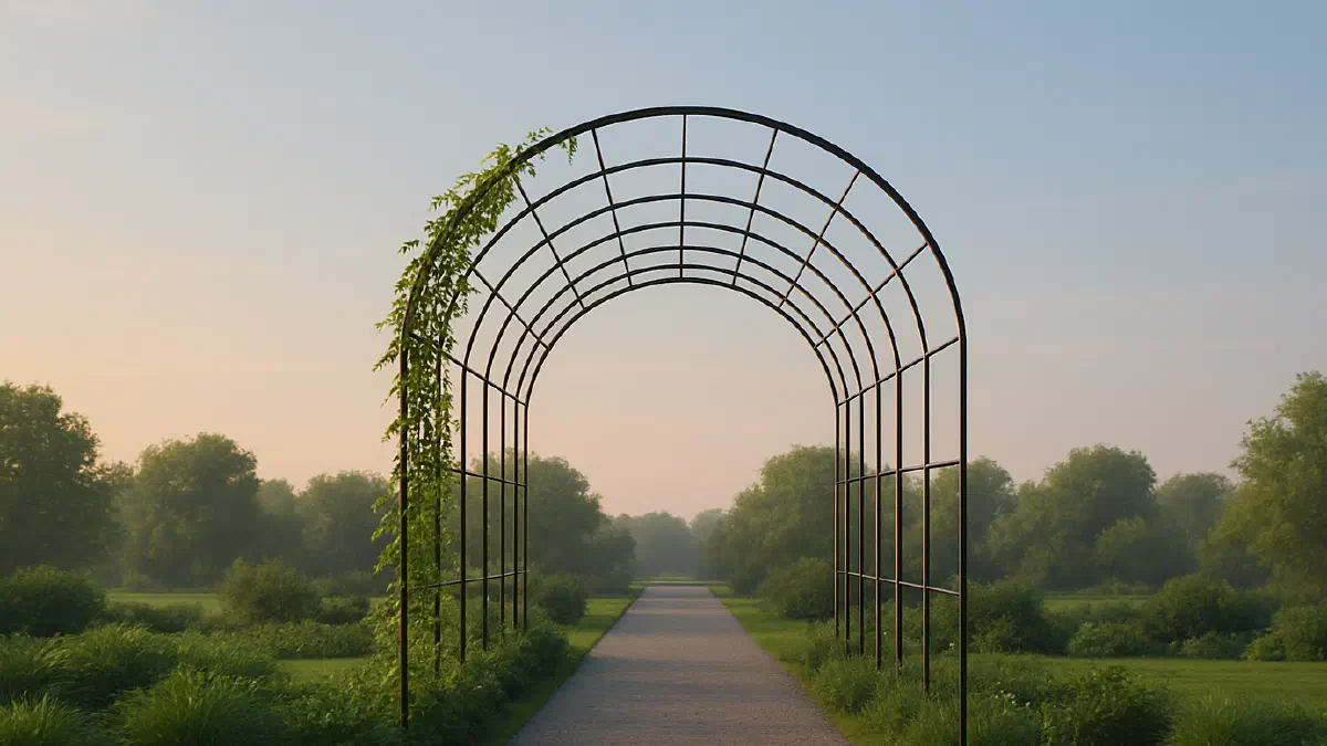 A lightweight metal arbour frames an open pathway through a landscaped garden at dawn, representing governance as structure that guides and supports growth rather than constrains it (Image generated by ChatGPT 5)