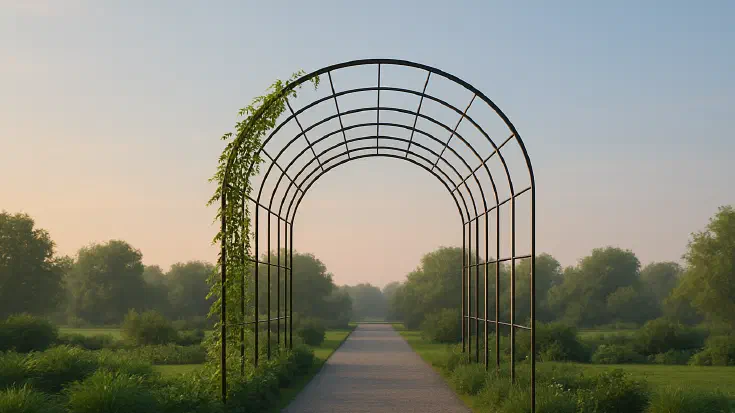 A lightweight metal arbour frames an open pathway through a landscaped garden at dawn, representing governance as structure that guides and supports growth rather than constrains it (Image generated by ChatGPT 5)