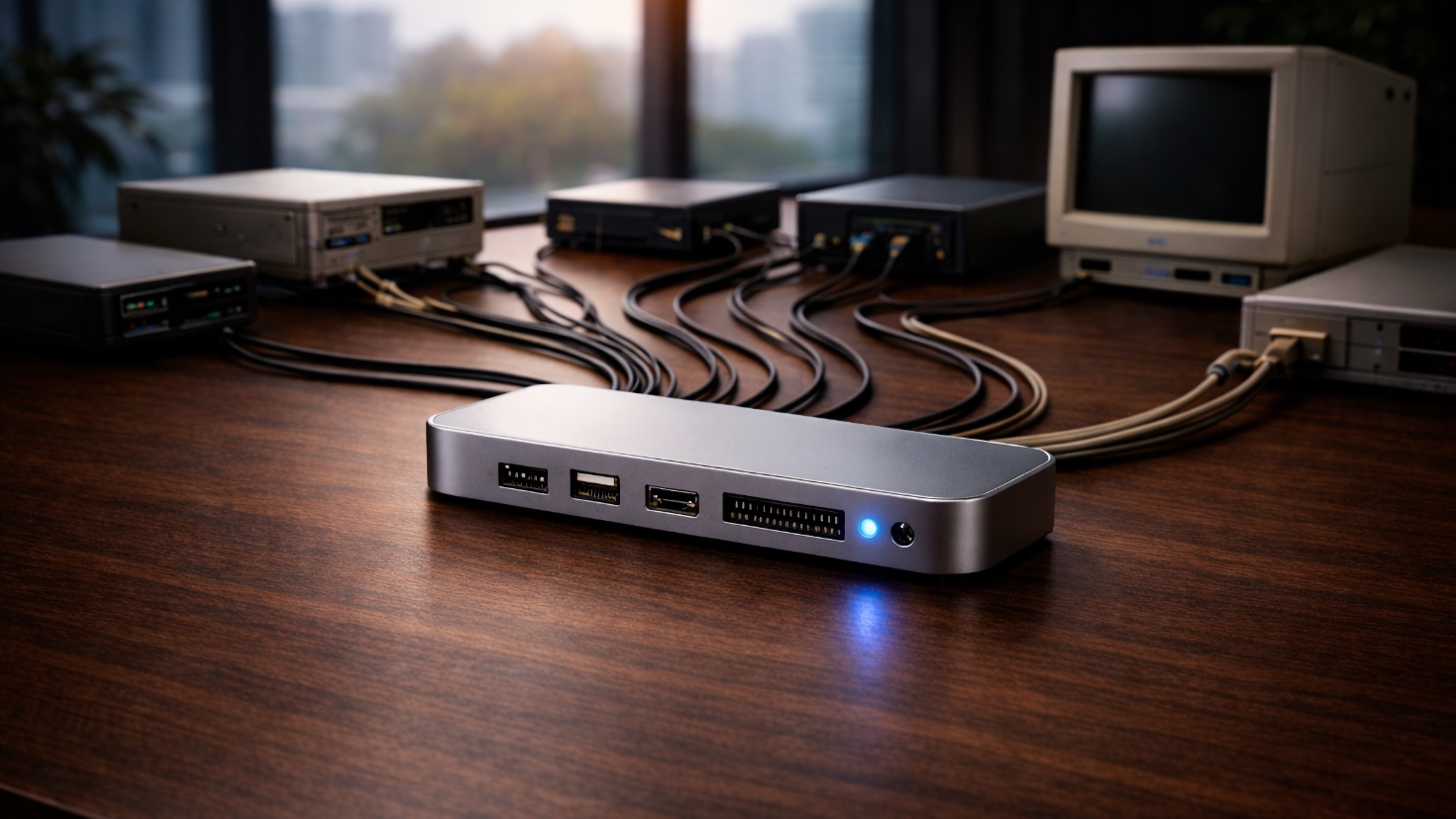 A sleek modern MCP hub on a dark walnut executive desk, with cables of different vintages connecting to surrounding legacy hardware including a CRT monitor, blue LED glowing on the hub. (Image generated by ChatGPT 5.2)