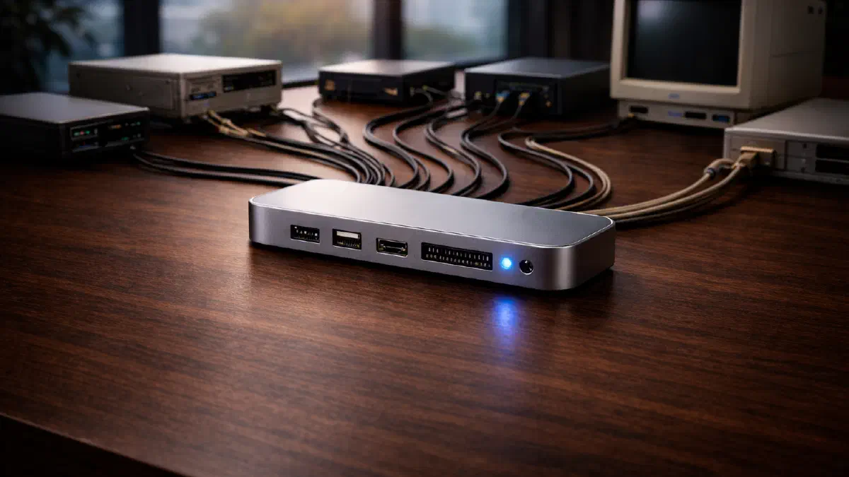 A sleek modern MCP hub on a dark walnut executive desk, with cables of different vintages connecting to surrounding legacy hardware including a CRT monitor, blue LED glowing on the hub. (Image generated by ChatGPT 5.2)