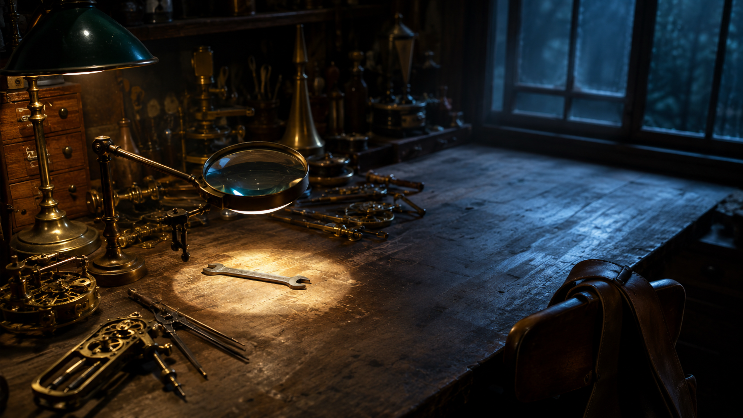 A cluttered Victorian workshop bench at night, where a magnifying glass throws a bright circle onto a scatter of brass instruments and a single plain steel spanner sits sharply in focus at the centre