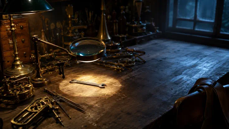 A cluttered Victorian workshop bench at night, lit warm on the left by a brass desk lamp that falls across a large magnifying glass held above the bench, its lens throwing a bright circle onto a scatter of small brass instruments and tools where a single plain steel spanner sits sharply in focus at the centre, the elaborate ornamented devices around it left soft and unexamined, while cool blue light from a tall window picks out an empty patch of bench where objects have been cleared away, a visual reframe of the discipline of examining work honestly before choosing a tool, where the simplest instrument is often the right one and some work is best set aside altogether (Image generated by ChatGPT 5.5)