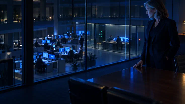 A senior executive stands in a darkened boardroom looking down through internal glass at an engineering floor lit electric blue, where a smaller glass-walled secure workspace sits apart from the open desks, embodying the Board decision about which work goes to a frontier model and which stays at home. (Image generated by ChatGPT 5)