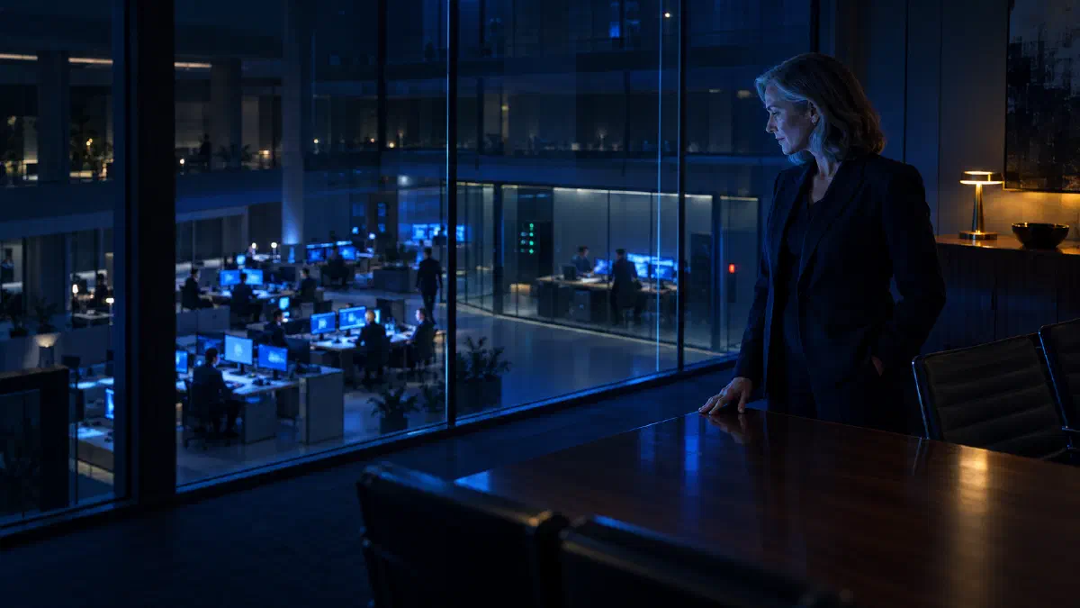 A senior executive stands in a darkened boardroom looking down through internal glass at an engineering floor lit electric blue, where a smaller glass-walled secure workspace sits apart from the open desks, embodying the Board decision about which work goes to a frontier model and which stays at home. (Image generated by ChatGPT 5)
