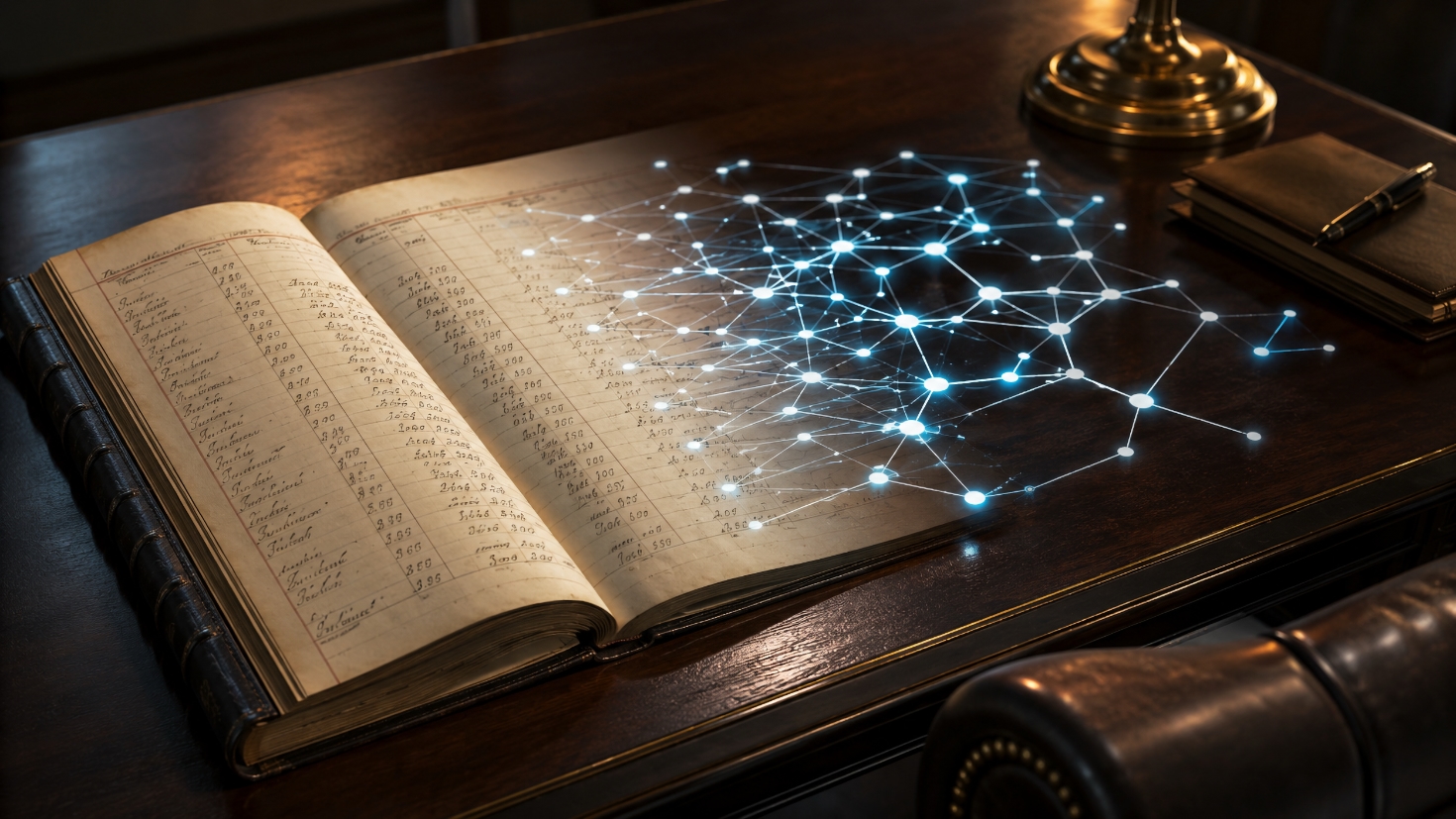 An open leather-bound accounting ledger on a dark polished desk in warm lamplight, its hand-ruled columns of figures dissolving at the right-hand edge into a glowing blue three-dimensional network of connected nodes that hovers above the desk surface, a visual reframe of the same information shifting from a flat record to be read into an explicit structure that can be traversed and reasoned over (Image generated by ChatGPT 5.4)