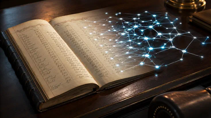 An open leather-bound accounting ledger on a dark polished desk in warm lamplight, its hand-ruled columns of figures dissolving at the right-hand edge into a glowing blue three-dimensional network of connected nodes that hovers above the desk surface, a visual reframe of the same information shifting from a flat record to be read into an explicit structure that can be traversed and reasoned over (Image generated by ChatGPT 5.4)