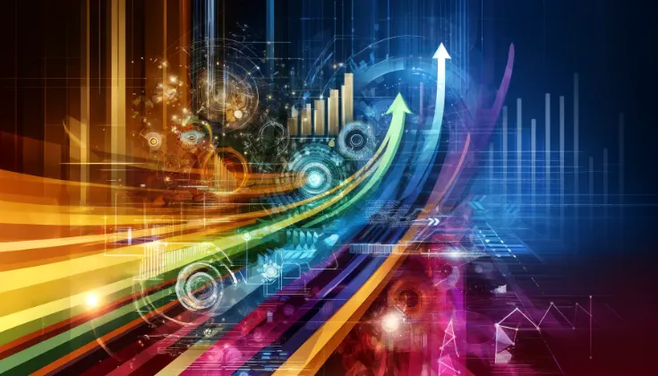 Abstract image depicting innovation and growth during an economic downturn, featuring vibrant colors and geometric shapes with upward arrows and graphs, conveying a sense of optimism and forward momentum. (Image generated by ChatCPG 4o)