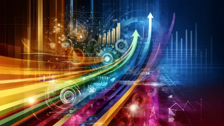 Abstract image depicting innovation and growth during an economic downturn, featuring vibrant colours and geometric shapes with upward arrows and graphs, conveying a sense of optimism and forward momentum. (Image generated by ChatCPG 4o)