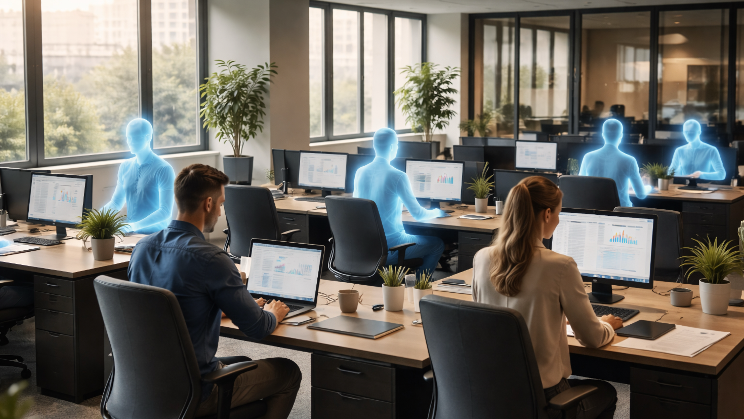 An open-plan office where several desks are occupied by translucent blue silhouettes representing portable personal AI capability, while one or two real people work at other desks — visualising the talent bifurcation between those who own augmented capability infrastructure and those who don't