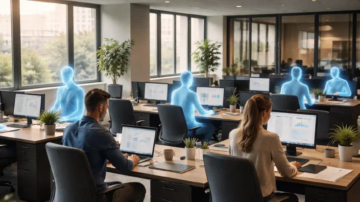 An open-plan office where several desks are occupied by translucent blue silhouettes representing portable personal AI capability, while one or two real people work at other desks — visualising the talent bifurcation between those who own augmented capability infrastructure and those who don't (Image generated by ChatGPT 5.2)