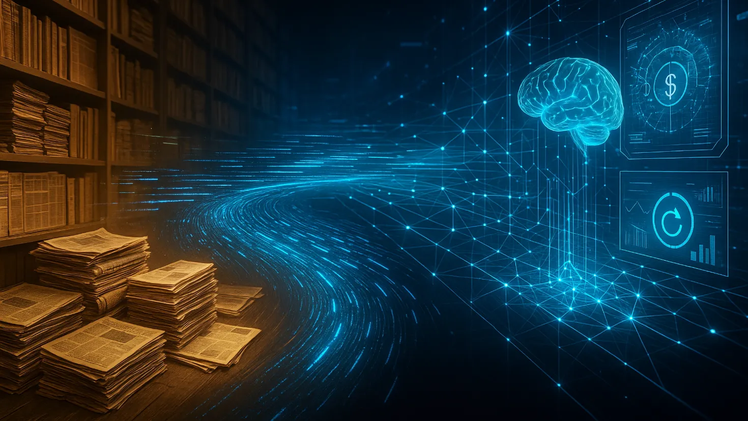 A futuristic data ecosystem visualisation showing traditional archives transitioning to digital streams