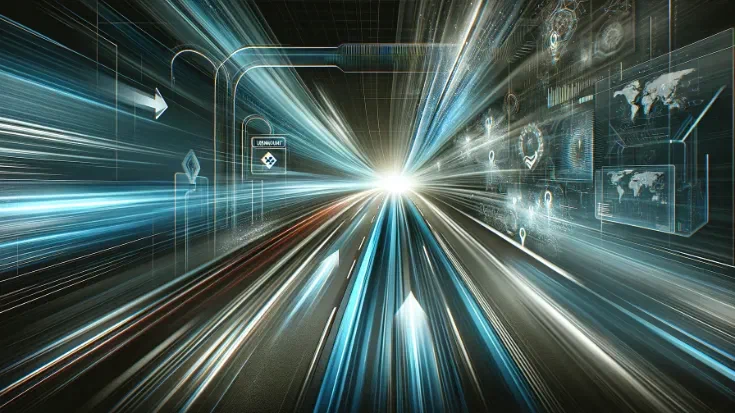 Dynamic image representing acceleration and continuous innovation during the pandemic, featuring a sleek, modern road with motion blur effects to convey speed and forward movement. Subtle elements like arrows, data streams, and hints of missing or fragmented maps and signs indicating 'unknown' or 'no plan' emphasise the theme of navigating without a clear map or plan. (Image generated by ChatGPT 4o)