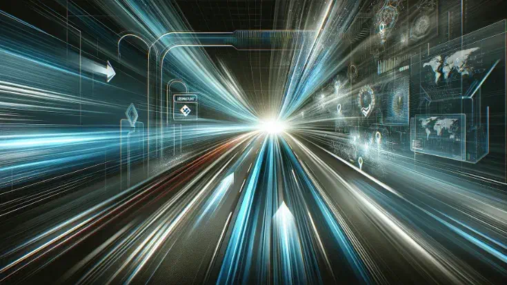 Dynamic image representing acceleration and continuous innovation during the pandemic, featuring a sleek, modern road with motion blur effects to convey speed and forward movement. Subtle elements like arrows, data streams, and hints of missing or fragmented maps and signs indicating 'unknown' or 'no plan' emphasise the theme of navigating without a clear map or plan. (Image generated by ChatGPT 4o)