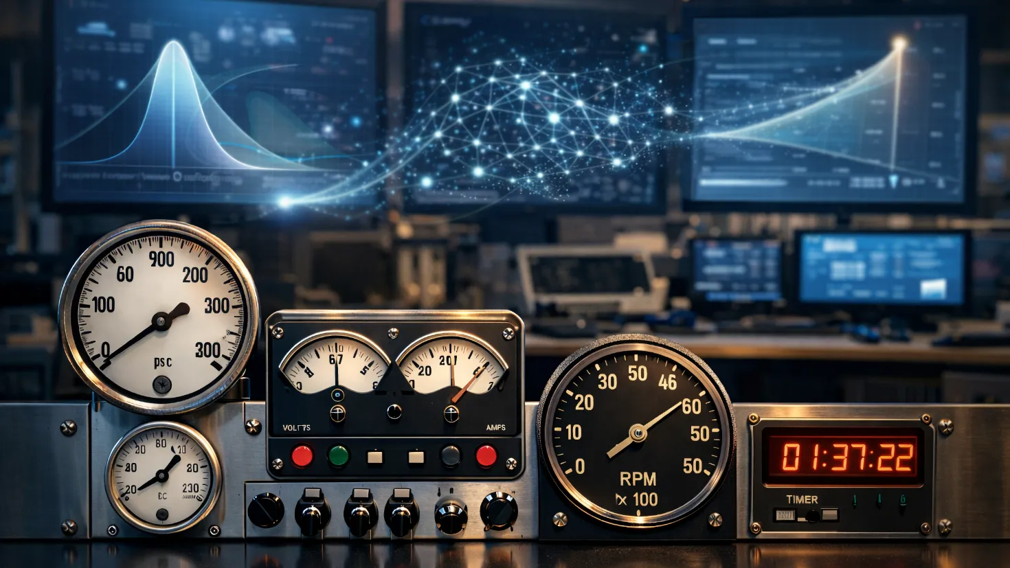 Precision analogue gauges and industrial instruments with neural network visualisations floating between monitoring displays