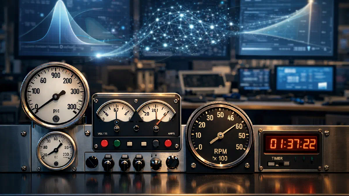 Precision analogue gauges and industrial instruments including pressure dials, voltmeter, RPM gauge and digital timer arranged on a steel workstation, with neural network visualisations and probability distribution curves floating between monitoring displays in a control room background (Image generated by ChatGPT)