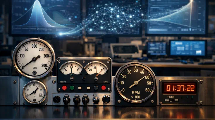Precision analogue gauges and industrial instruments including pressure dials, voltmeter, RPM gauge and digital timer arranged on a steel workstation, with neural network visualisations and probability distribution curves floating between monitoring displays in a control room background (Image generated by ChatGPT)
