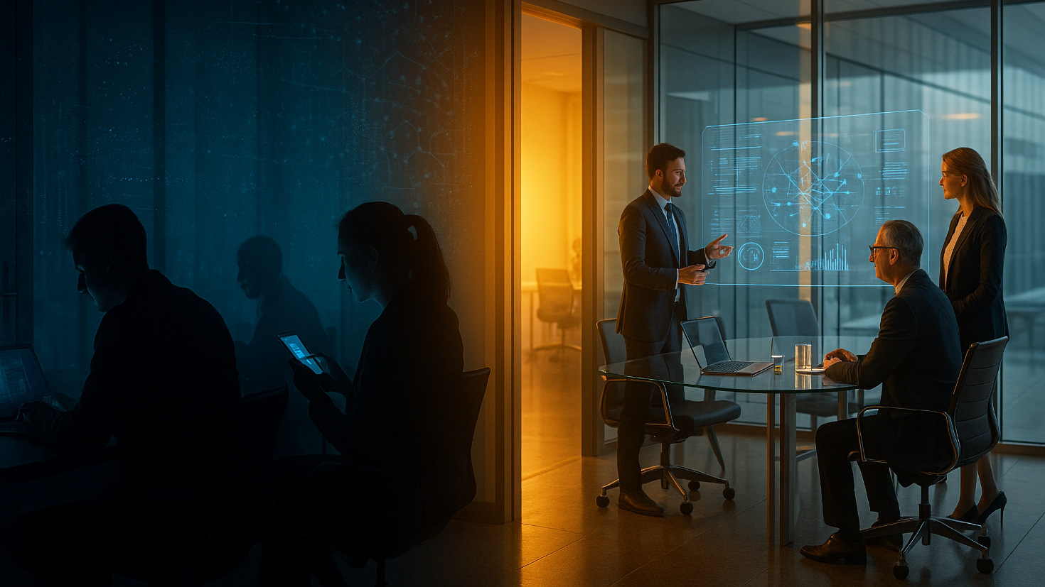 A corporate office environment showing contrasting scenes: shadowy figures using AI tools in darkness on one side, while the other shows transparent, well-lit collaborative AI usage, symbolising the transformation from shadow AI to governed innovation (Image generated by AI)