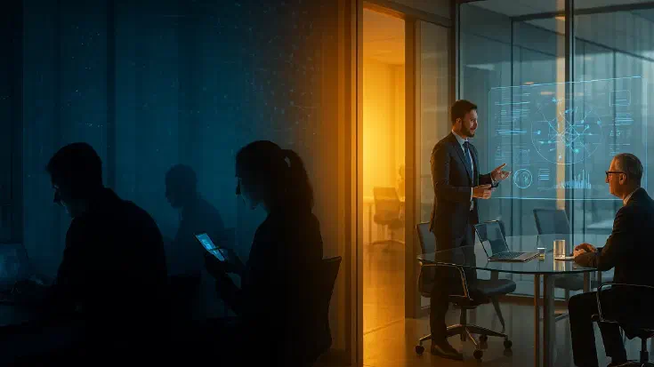 A corporate office environment showing contrasting scenes: shadowy figures using AI tools in darkness on one side, while the other shows transparent, well-lit collaborative AI usage, symbolising the transformation from shadow AI to governed innovation (Image generated by AI)