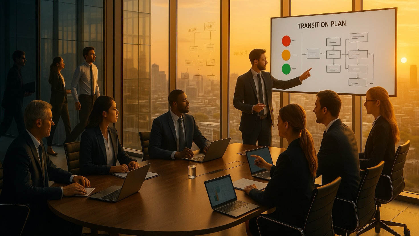 A corporate transformation scene showing AI tools transitioning from shadows into organised, illuminated workflows with visible governance frameworks and collaborative teams (Image generated by ChatGPT 5)