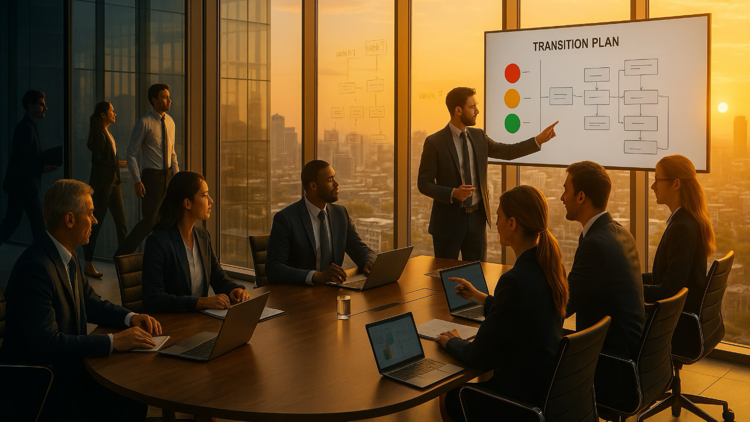 A corporate transformation scene showing AI tools transitioning from shadows into organised, illuminated workflows with visible governance frameworks and collaborative teams (Image generated by ChatGPT 5)