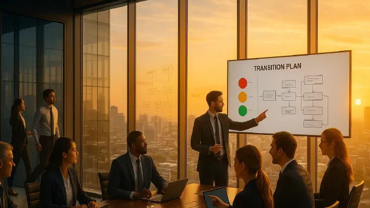 A corporate transformation scene showing AI tools transitioning from shadows into organised, illuminated workflows with visible governance frameworks and collaborative teams (Image generated by ChatGPT 5)