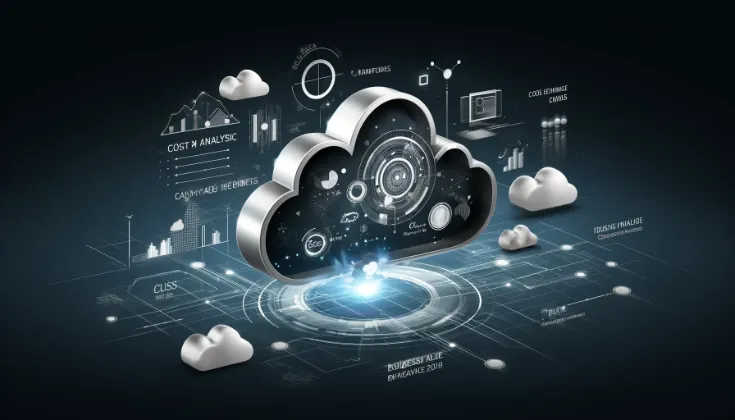 Sleek, modern visual representing cloud migration, featuring cloud icons, data streams, and abstract representations of cost analysis and business value benefits. The design conveys the sophistication and strategic considerations involved in cloud technology.(Image generated by ChatGPT 4o)