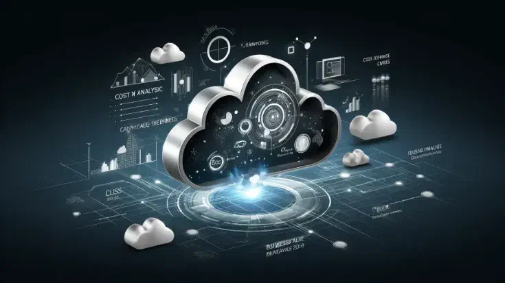 Sleek, modern visual representing cloud migration, featuring cloud icons, data streams, and abstract representations of cost analysis and business value benefits. The design conveys the sophistication and strategic considerations involved in cloud technology.(Image generated by ChatGPT 4o)