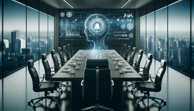 Modern boardroom with subtle technological elements, featuring minimal digital overlays like abstract data streams and holographic charts, symbolizing the integration of technology in decision-making. The image conveys sophistication and innovation in business governance. (Image generated by ChatGPT 4o)