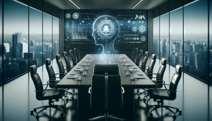 Modern boardroom with subtle technological elements, featuring minimal digital overlays like abstract data streams and holographic charts, symbolizing the integration of technology in decision-making. The image conveys sophistication and innovation in business governance. (Image generated by ChatGPT 4o)