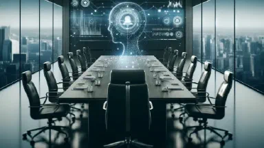 The hero of The Board in the Machine: a modern boardroom with abstract data overlays