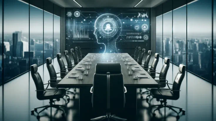Modern boardroom with subtle technological elements, featuring minimal digital overlays like abstract data streams and holographic charts, symbolising the integration of technology in decision-making. The image conveys sophistication and innovation in business governance. (Image generated by ChatGPT 4o)