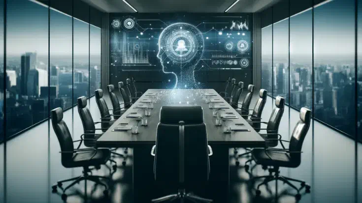 Modern boardroom with subtle technological elements, featuring minimal digital overlays like abstract data streams and holographic charts, symbolising the integration of technology in decision-making. The image conveys sophistication and innovation in business governance. (Image generated by ChatGPT 4o)